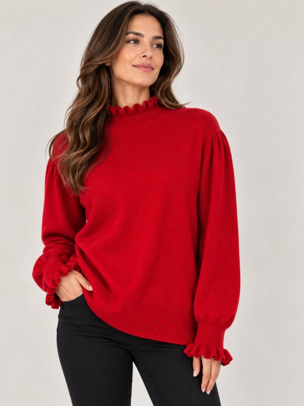 CeCe Mock Neck Ruffle Cuff Sweater Luminous Red Long Sleeve Women’s XL